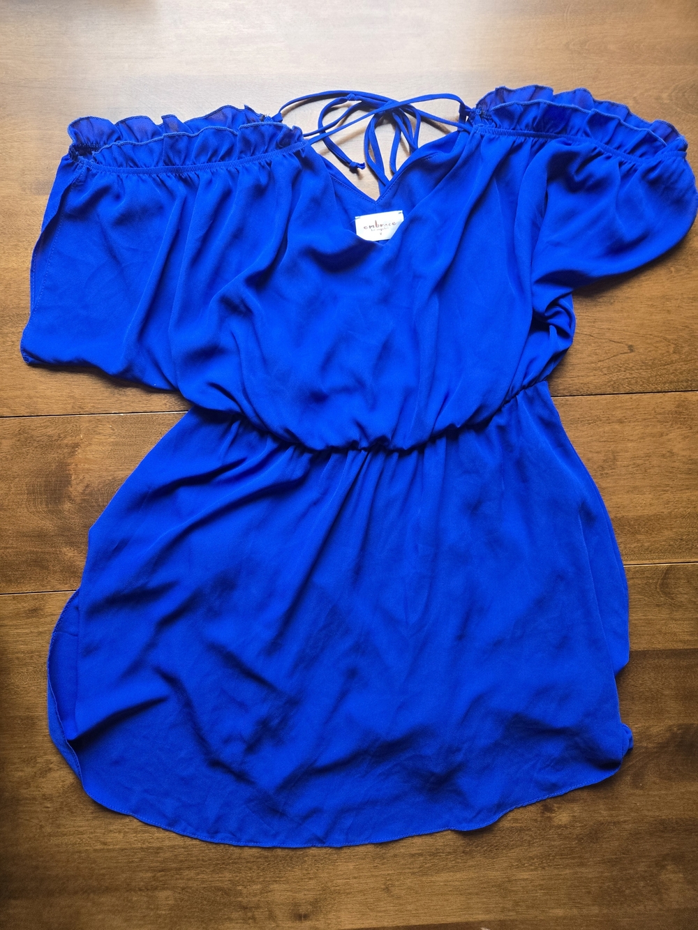 Embrace Los Angeles Blue Off Shoulder Dress Medium Flowy Tie Front